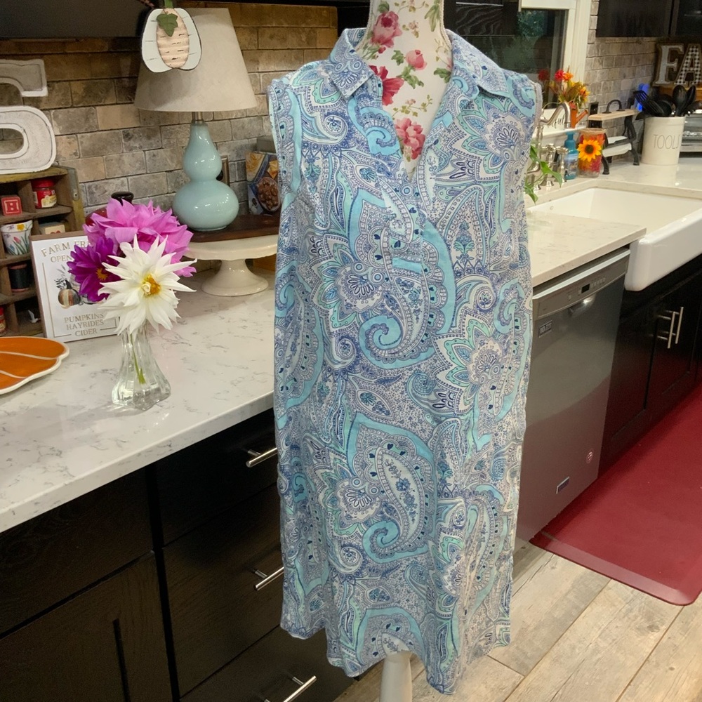 Cynthia Rowley Blue Linen Dress Size 14 Pockets Relaxed Fit Paisley Coastal